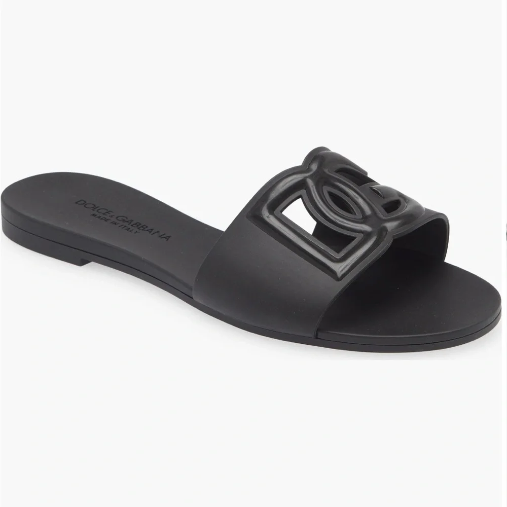 Dolce & Gabbana Matte Black Logo Cutout Slide Sandal - Picture 1 of 4